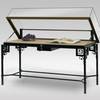 11 table top display cases with especially designed steel legs in a historic style, equipped with light bar illumination.
