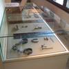 Complete installation with various display cases, some hanging, some with illumination.